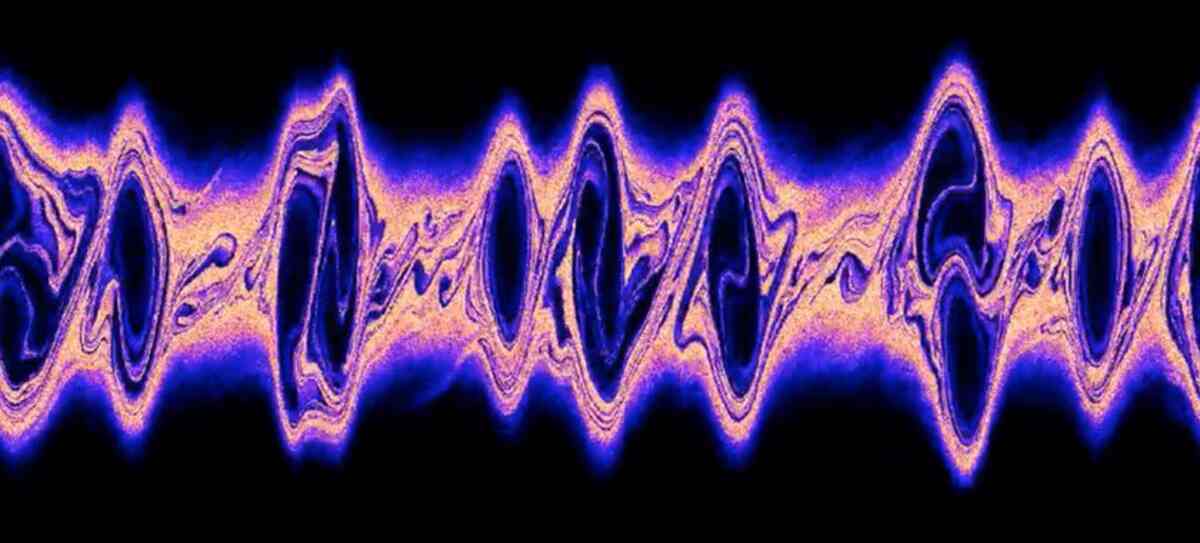 This image depicts the simulation of cosmic rays counter-streaming against a background plasma and causing plasma instability. The distribution of background particles responding to the streaming cosmic rays in phase space is shown, where particle position is represented by the horizontal axis and velocity by the vertical axis. The colors reveal the number density, and the phase space holes are manifestations of the highly dynamic nature of the instability, which transforms ordered motions into random motions. The credit for this image goes to Shalaby/AIP. This image depicts the simulation of cosmic rays counter-streaming against a background plasma and causing plasma instability. The distribution of background particles responding to the streaming cosmic rays in phase space is shown, where particle position is represented by the horizontal axis and velocity by the vertical axis. The colors reveal the number density, and the phase space holes are manifestations of the highly dynamic nature of the instability, which transforms ordered motions into random motions. The credit for this image goes to Shalaby/AIP.
