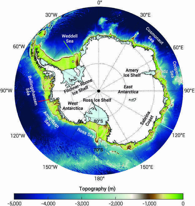 Fig. 2. Map of the Antarctic continent and the Southern Ocean. The color shading is the seafloor topography of the Southern Ocean and the Antarctic marginal seas. Light blue color represents the Antarctic Ice Shelves. Colored lines indicate the locations of the cross sections in Fig. 4 for 3 typical shelf regions: a cold and fresh shelf (118°E; cyan), a cold and saline shelf (35°W; green), and a warm and saline shelf (100°W; red).