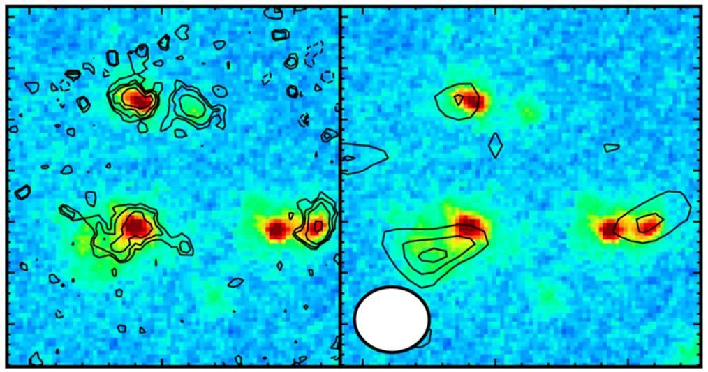 Figure 2. The background color image shows a map of the light intensity (redder color shows stronger emission) in the core region of the protogalactic cluster A2744ODz7p9, acquired with the NIRCam onboard JWST. The size of the image corresponds to about half of the radius of the Milky Way Galaxy. (Left) Contours show the distribution of light emitted by ionized oxygen, obtained with the NIRSpec instrument onboard JWST. 4 galaxies were identified at 13.14 billion light-years away. (Right) Contours show the distribution of dust emission from three of the four galaxies. The white circle in the lower left of the figure indicates the beam size of the ALMA data. Credit: JWST (NASA, ESA, CSA), ALMA (ESO/NOAJ/NRAO), T. Hashimoto et al. Figure 2. The background color image shows a map of the light intensity (redder color shows stronger emission) in the core region of the protogalactic cluster A2744ODz7p9, acquired with the NIRCam onboard JWST. The size of the image corresponds to about half of the radius of the Milky Way Galaxy. (Left) Contours show the distribution of light emitted by ionized oxygen, obtained with the NIRSpec instrument onboard JWST. 4 galaxies were identified at 13.14 billion light-years away. (Right) Contours show the distribution of dust emission from three of the four galaxies. The white circle in the lower left of the figure indicates the beam size of the ALMA data. Credit: JWST (NASA, ESA, CSA), ALMA (ESO/NOAJ/NRAO), T. Hashimoto et al.