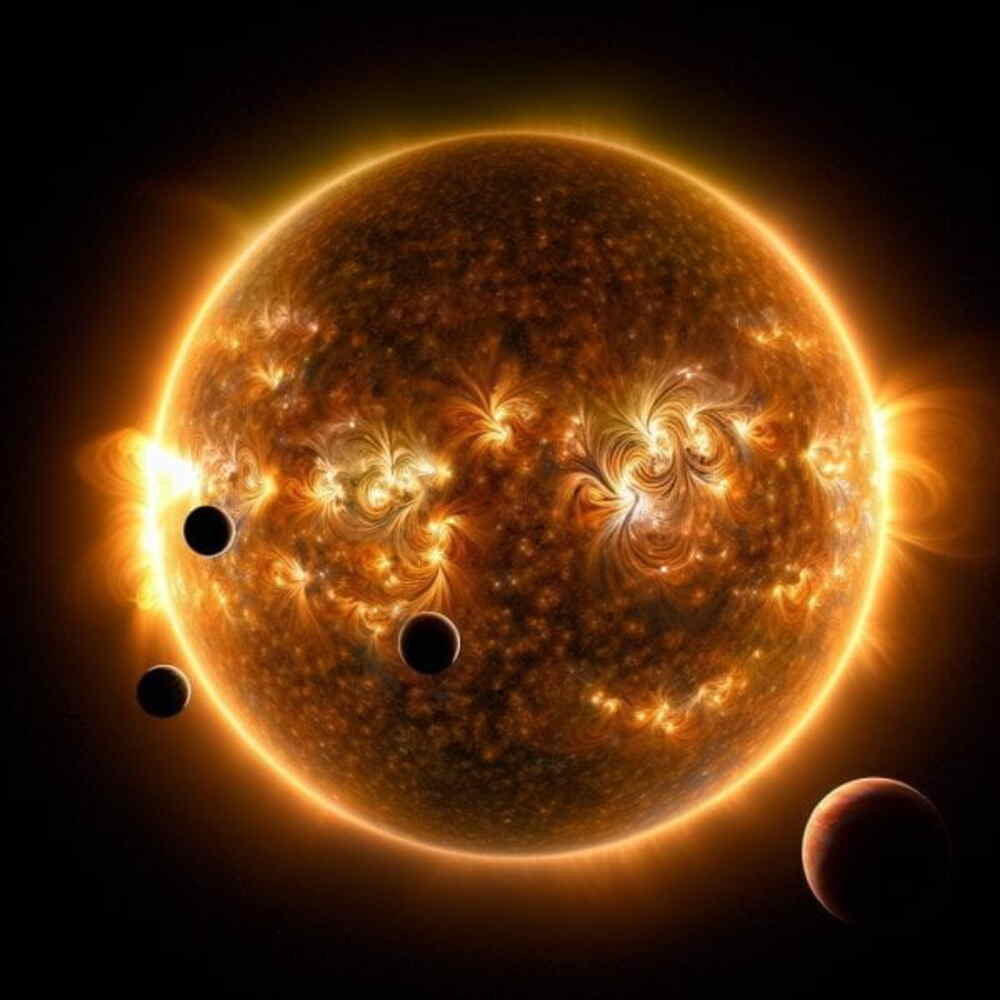 An image that portrays a dwarf star with plate number TOI-1136, created by an artist, demonstrates how exoplanets in its close orbit are affected by radiation and solar flares, which in turn impact their atmospheres. According to researchers at UCI, the magnetic variability around the star creates noise, making it more challenging to measure the masses of the exoplanets. The illustration was created by Rae Holcomb and Paul Robertson from UCI. An image that portrays a dwarf star with plate number TOI-1136, created by an artist, demonstrates how exoplanets in its close orbit are affected by radiation and solar flares, which in turn impact their atmospheres. According to researchers at UCI, the magnetic variability around the star creates noise, making it more challenging to measure the masses of the exoplanets. The illustration was created by Rae Holcomb and Paul Robertson from UCI.