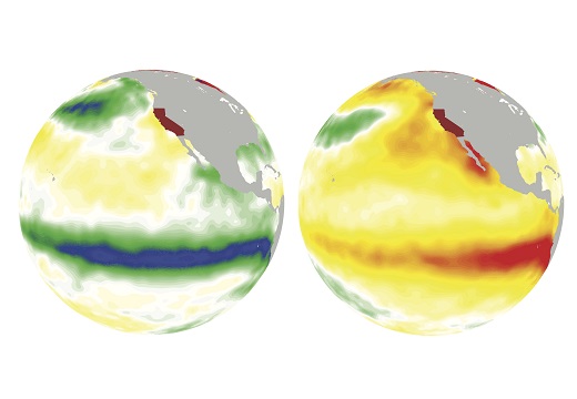 On the left, La Nina cools off the ocean surface (greens and blues) in the winter of 1988. On the right, El Nino warms up it up (oranges and reds) in the winter of 1997. On the left, La Nina cools off the ocean surface (greens and blues) in the winter of 1988. On the right, El Nino warms up it up (oranges and reds) in the winter of 1997.