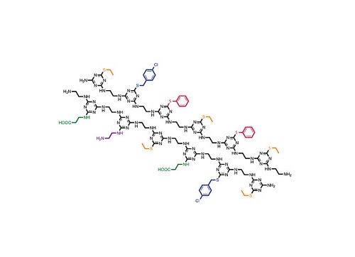 Plastic proteins: Unique sequences of side chains (in various colors) hang off the TZP-based backbone (black) in this inexpensive, easy-to-synthesize polymer system that mimics proteins in important ways. Plastic proteins: Unique sequences of side chains (in various colors) hang off the TZP-based backbone (black) in this inexpensive, easy-to-synthesize polymer system that mimics proteins in important ways.