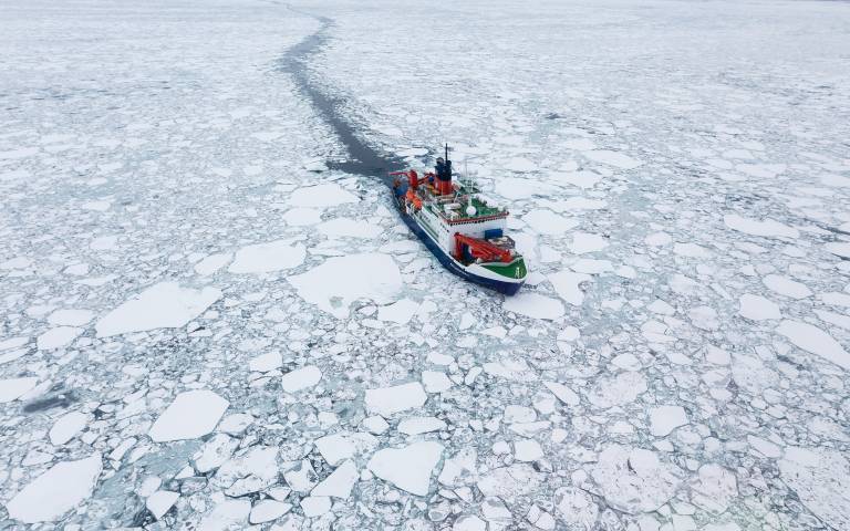 The research ship Polarstern moving through sea ice in the Arctic. Credit: Alfred-Wegener-Institut. Source: MOSAiC polar research expedition The research ship Polarstern moving through sea ice in the Arctic. Credit: Alfred-Wegener-Institut. Source: MOSAiC polar research expedition