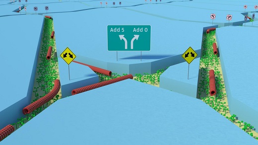 Split junction overview. Illustration of protein filaments (red) propelled by molecular motors (green) arriving at a junction where they perform a calculation operation (adding 5 or adding 0). Split junction overview. Illustration of protein filaments (red) propelled by molecular motors (green) arriving at a junction where they perform a calculation operation (adding 5 or adding 0).