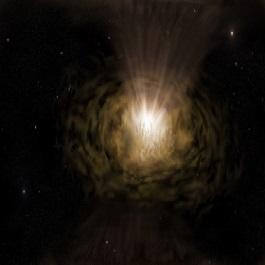 An artist’s impression of what an active galactic nucleus might look like at close quarters. The accretion disk produces the brilliant light in the centre. The broad-line region is just above the accretion disk and lost in the glare. Dust clouds are being driven upwards by the intense radiation. Credit: Peter Z. Harrington. An artist’s impression of what an active galactic nucleus might look like at close quarters. The accretion disk produces the brilliant light in the centre. The broad-line region is just above the accretion disk and lost in the glare. Dust clouds are being driven upwards by the intense radiation. Credit: Peter Z. Harrington.