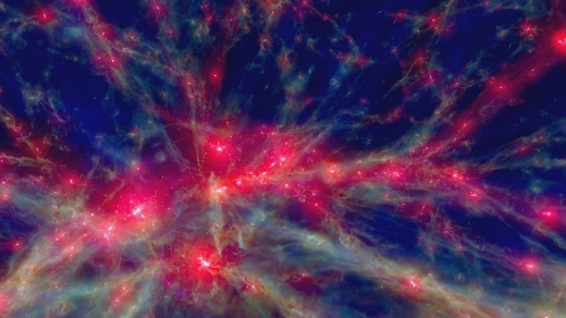 Gas and stars in a slice of the EAGLE simulations at the present day. The intensity shows the gas density, while the color encodes the gas temperature. Researchers used the EAGLE simulations to predict the rate at which gravitational waves caused by collisions between supermassive black holes might be detected. Credit: The EAGLE project/Stuart McAlpine Gas and stars in a slice of the EAGLE simulations at the present day. The intensity shows the gas density, while the color encodes the gas temperature. Researchers used the EAGLE simulations to predict the rate at which gravitational waves caused by collisions between supermassive black holes might be detected. Credit: The EAGLE project/Stuart McAlpine