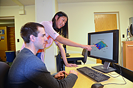 Troy Axthelm, a UW computer science major, and Jingyu Li, a Laramie High School student enrolled in courses at UW, observe a shade model they created to measure snowmelt for a region northwest of Boulder. Li, Axthelm Create Model to Determine Surface Shade, Measure Snowmelt in Colorado