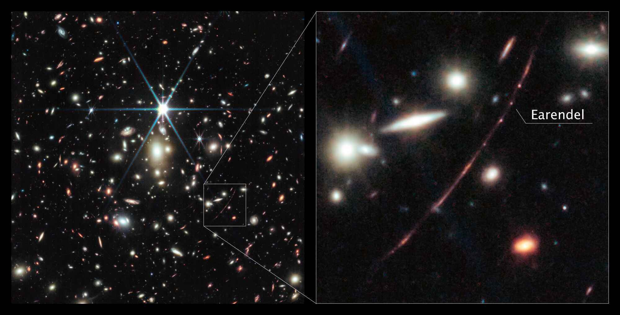 Webb’s NIRCam (Near-Infrared Camera) instrument reveals the star, nicknamed Earendel, to be a massive B-type star more than twice as hot as our Sun, and about a million times more luminous. Credits: Image: NASA, ESA, CSA, D. Coe (STScI/AURA for ESA; Johns Hopkins University), B. Welch (NASA’s Goddard Space Flight Center; University of Maryland, College Park). Image processing: Z. Levay. Webb’s NIRCam (Near-Infrared Camera) instrument reveals the star, nicknamed Earendel, to be a massive B-type star more than twice as hot as our Sun, and about a million times more luminous. Credits: Image: NASA, ESA, CSA, D. Coe (STScI/AURA for ESA; Johns Hopkins University), B. Welch (NASA’s Goddard Space Flight Center; University of Maryland, College Park). Image processing: Z. Levay.