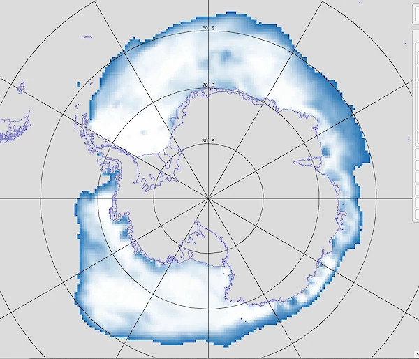 A Nilas screen shot of the monthly sea-ice concentration around Antarctica for November 2022. White areas are 100% sea-ice concentration (coverage). (Photo: Nilas)