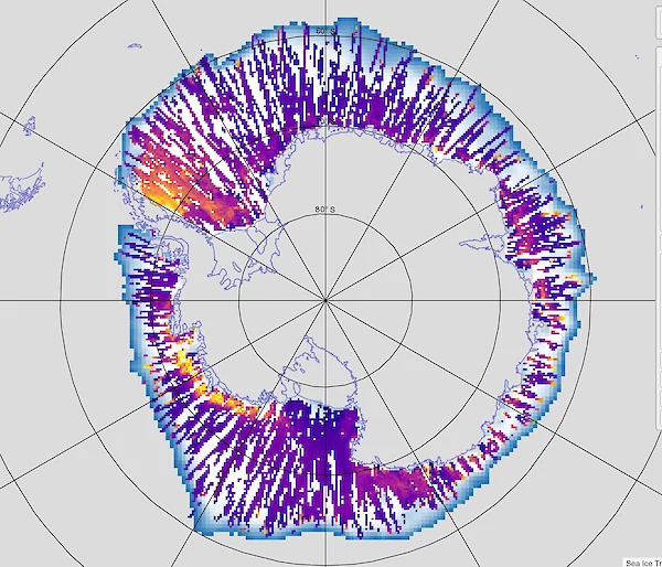 This graphic shows the sea-ice concentration for July 2022 overlaid with the sea-ice freeboard (ice height above the ocean surface). It allows users to identify zones of thicker versus thinner sea ice and to assess these against the areal sea-ice coverage. This information assists, for example, selection of deployment sites for instruments or planning navigation in an unfamiliar ice-covered ocean. (Photo: Nilas)