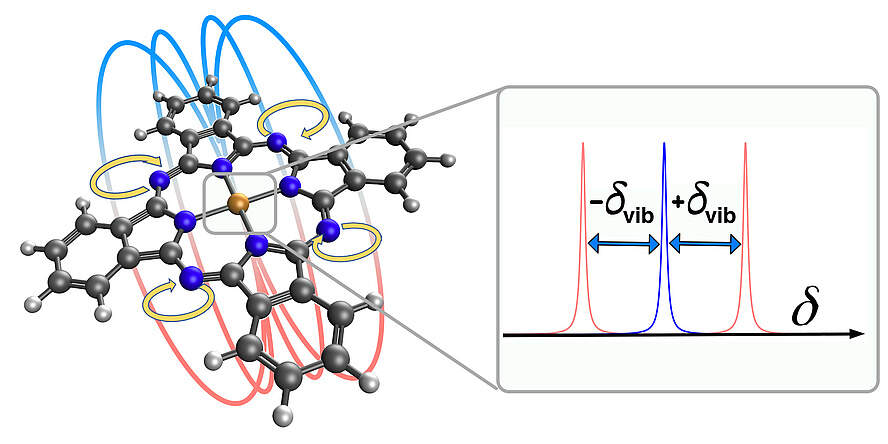 Schematic representation of a metal phthalocyanine molecule undergoing two vibrations, creating a rotating electric dipole moment in the plane of the molecule and generating a magnetic field. Image source: Wilhelmer/Diez/Krondorfer/Hauser - TU Graz Schematic representation of a metal phthalocyanine molecule undergoing two vibrations, creating a rotating electric dipole moment in the plane of the molecule and generating a magnetic field. Image source: Wilhelmer/Diez/Krondorfer/Hauser - TU Graz